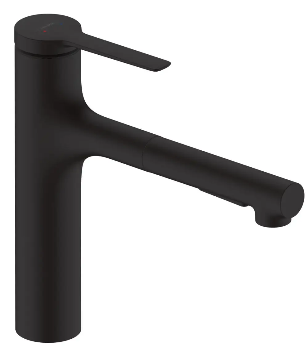 Hochwertiger Spültischmischer in mattschwarz von Hansgrohe mit Ausziehbrause und zwei Strahlarten für funktionale Nutzung in der Küche.